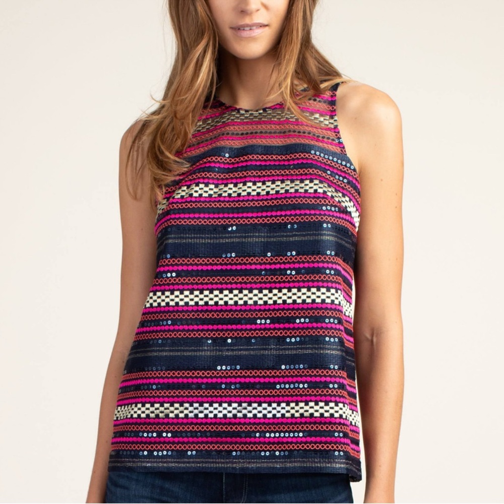 Trina Turk Aracari Womens Embroidered/Sequin Stripe Sleeveless Blouse Sz 4